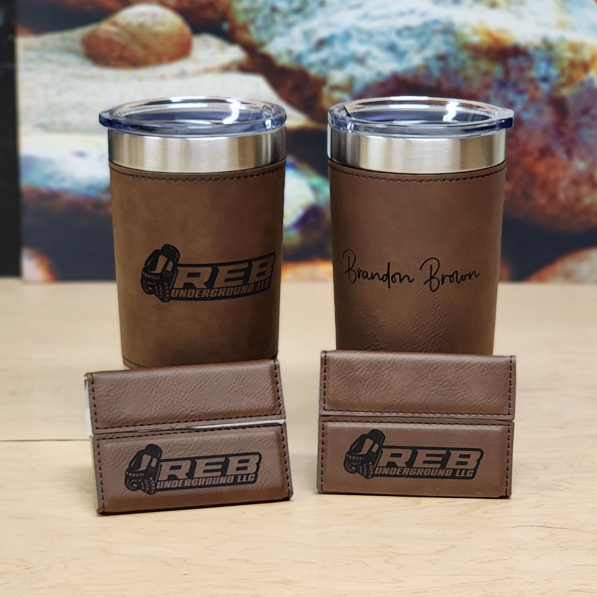 20 Ounce Stainless Steel Leather Wrapped Tumbler - Customized Business Promotional Drinkware - Dark Brown - Business Card Holders Not Included