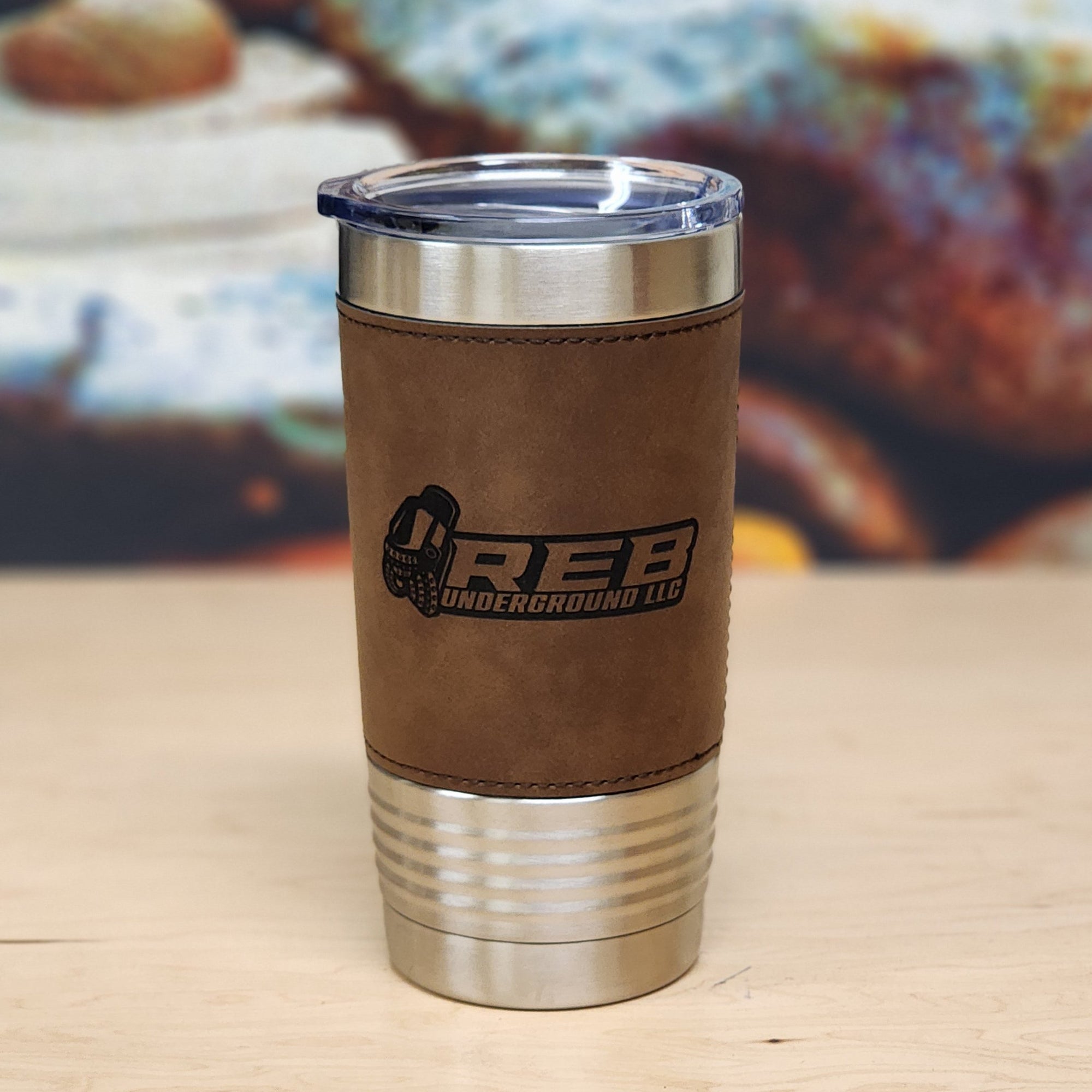 20 Ounce Stainless Steel Leather Wrapped Tumbler - Customized Business Promotional Drinkware - Dark Brown