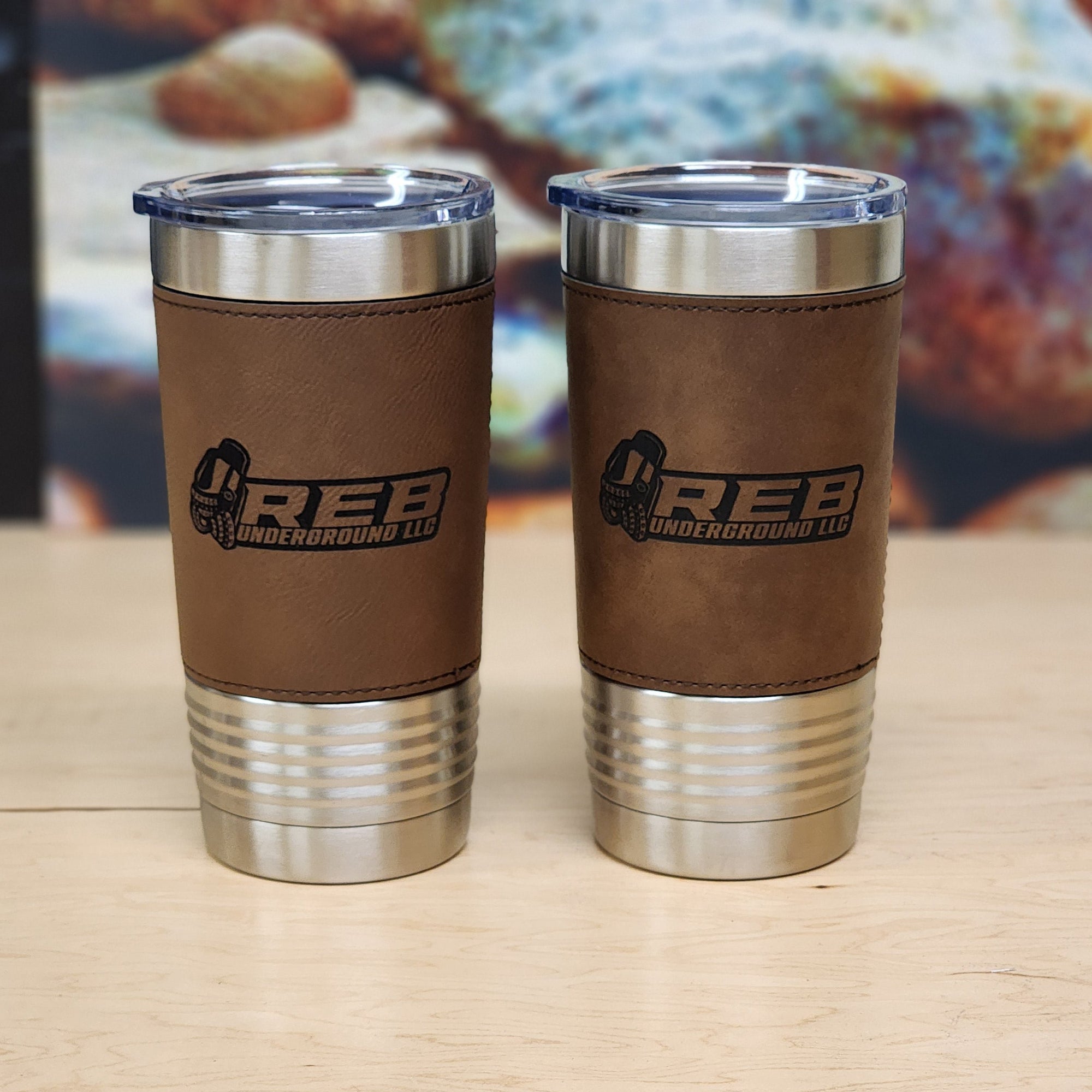 20 Ounce Stainless Steel Leather Wrapped Tumbler - Customized Business Promotional Drinkware - Dark Brown