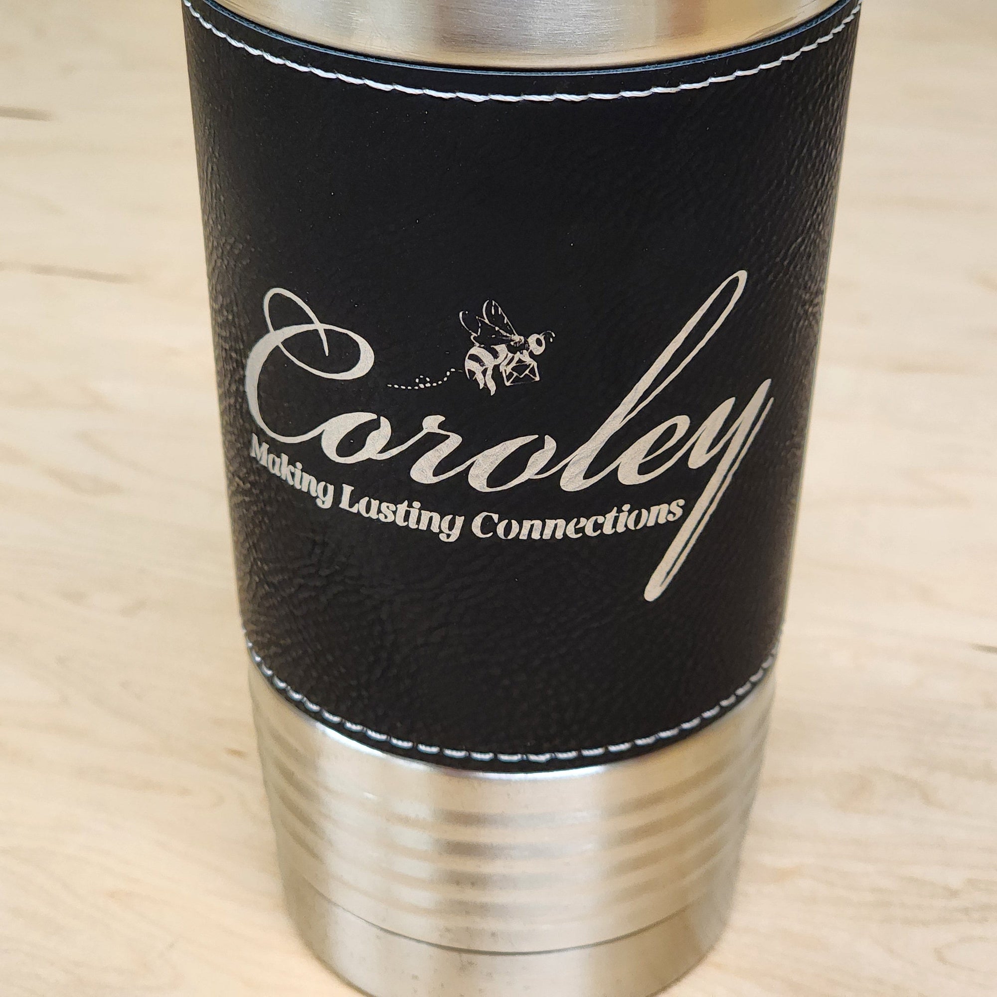 20 Ounce Stainless Steel Leather Wrapped Tumbler - Customized Business Promotional Drinkware - Black Engraves Silver