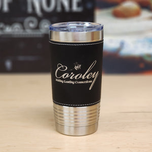 20 Ounce Stainless Steel Leather Wrapped Tumbler - Customized Business Promotional Drinkware - Black Engraves Silver