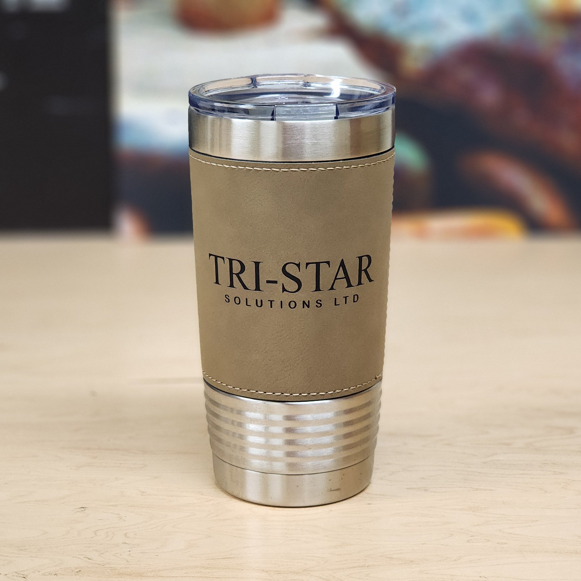 20 Ounce Stainless Steel Leather Wrapped Tumbler - Customized Business Promotional Drinkware - Light Brown