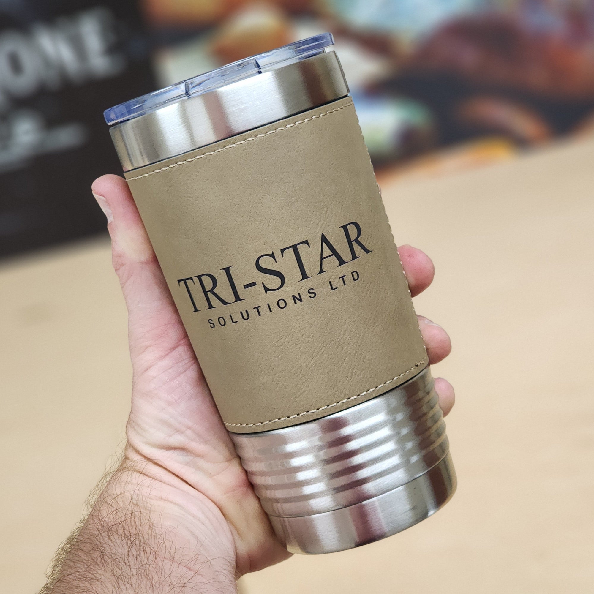 20 Ounce Stainless Steel Leather Wrapped Tumbler - Customized Business Promotional Drinkware - Light Brown